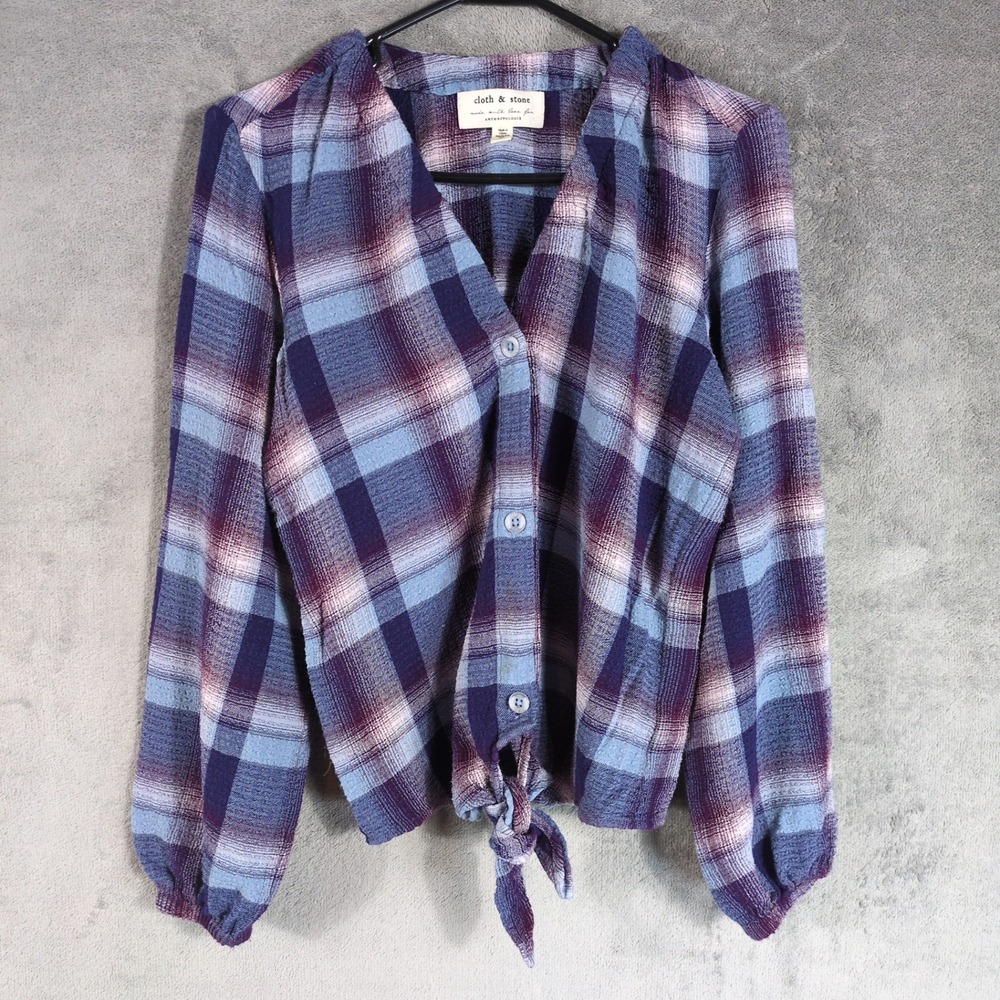 Cloth & Stone Anthropologie Plaid Tie Front Blouse Purple Blue XS R4658-X79-304